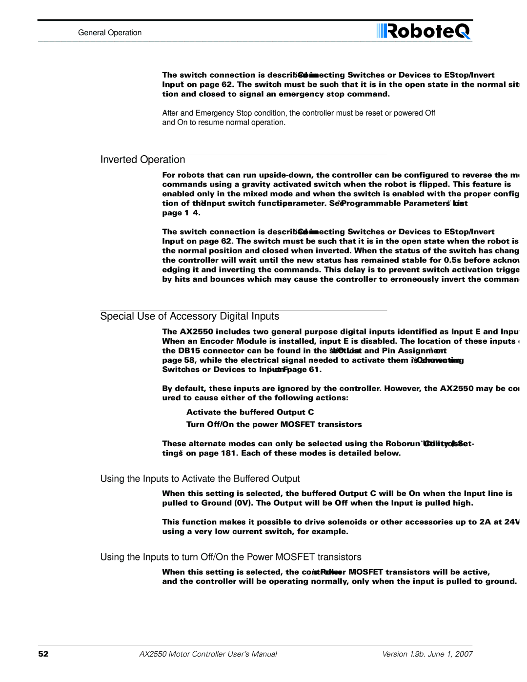 RoboteQ AX2850 user manual Inverted Operation, Special Use of Accessory Digital Inputs 