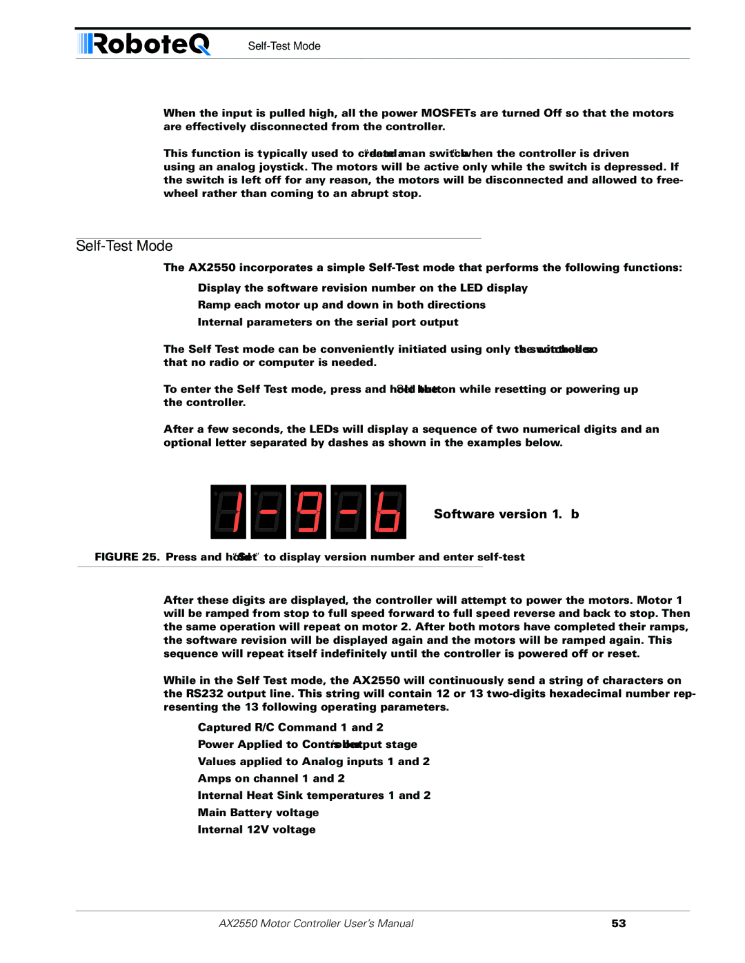 RoboteQ AX2850 user manual Self-Test Mode 