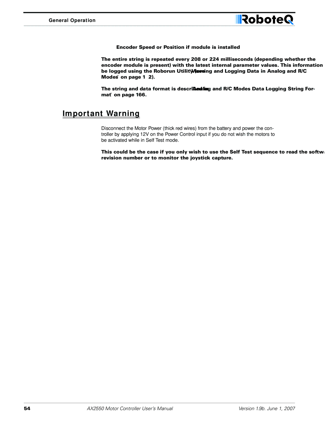 RoboteQ AX2850 user manual Important Warning 