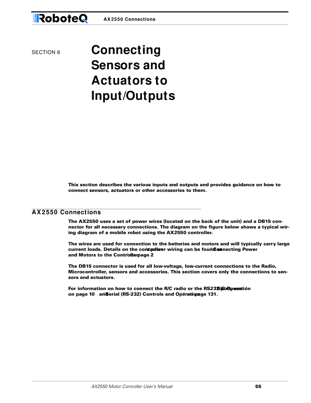 RoboteQ AX2850 user manual Connecting Sensors and Actuators to Input/Outputs, AX2550 Connections 