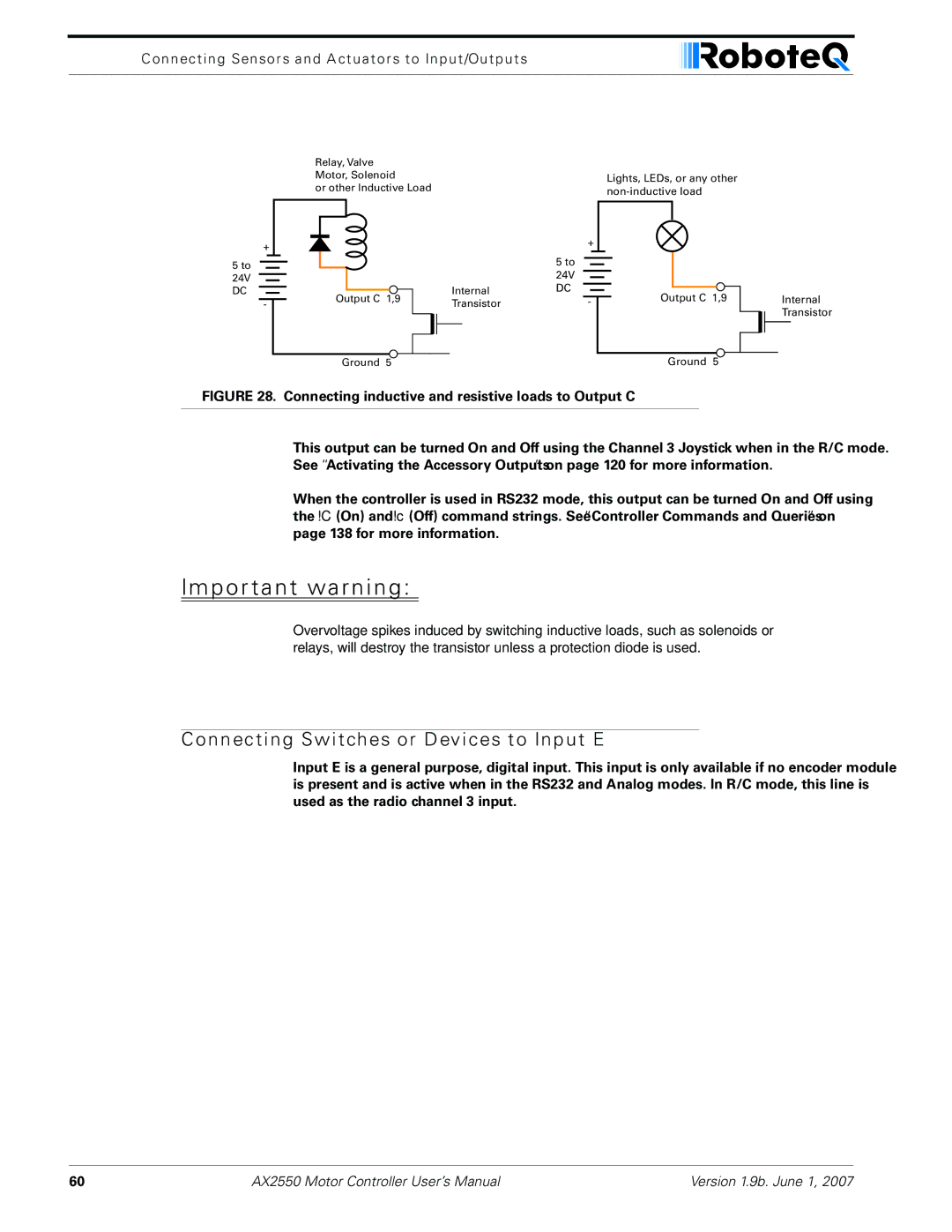 RoboteQ AX2850 user manual Connecting Switches or Devices to Input E 