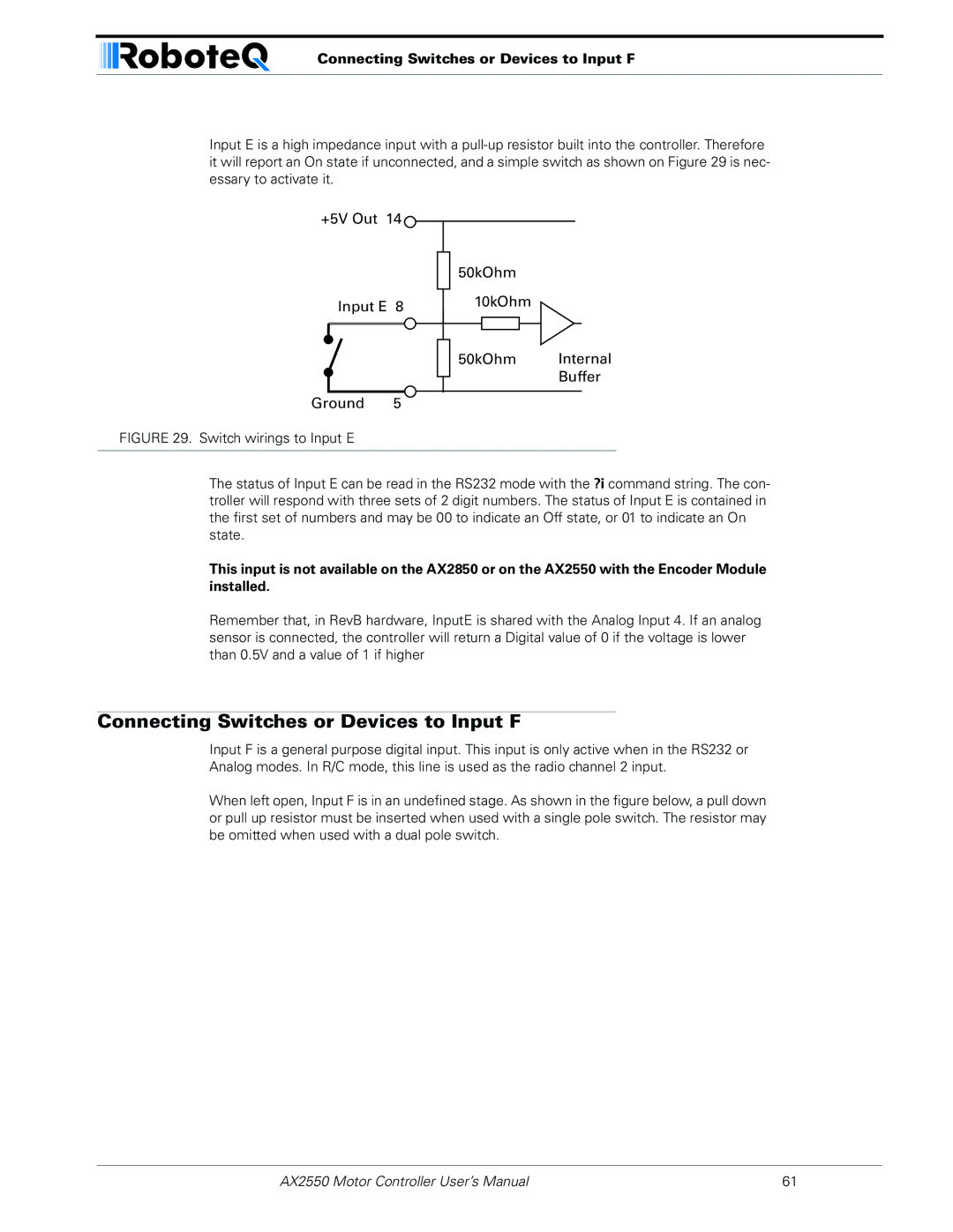 RoboteQ AX2850 user manual Connecting Switches or Devices to Input F 