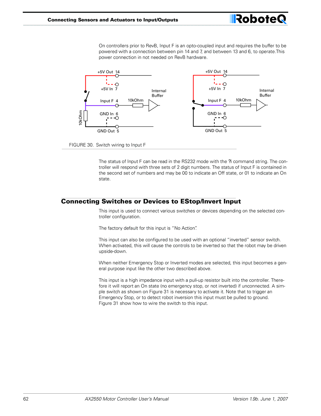 RoboteQ AX2850 user manual Connecting Switches or Devices to EStop/Invert Input, Show how to wire the switch to this input 