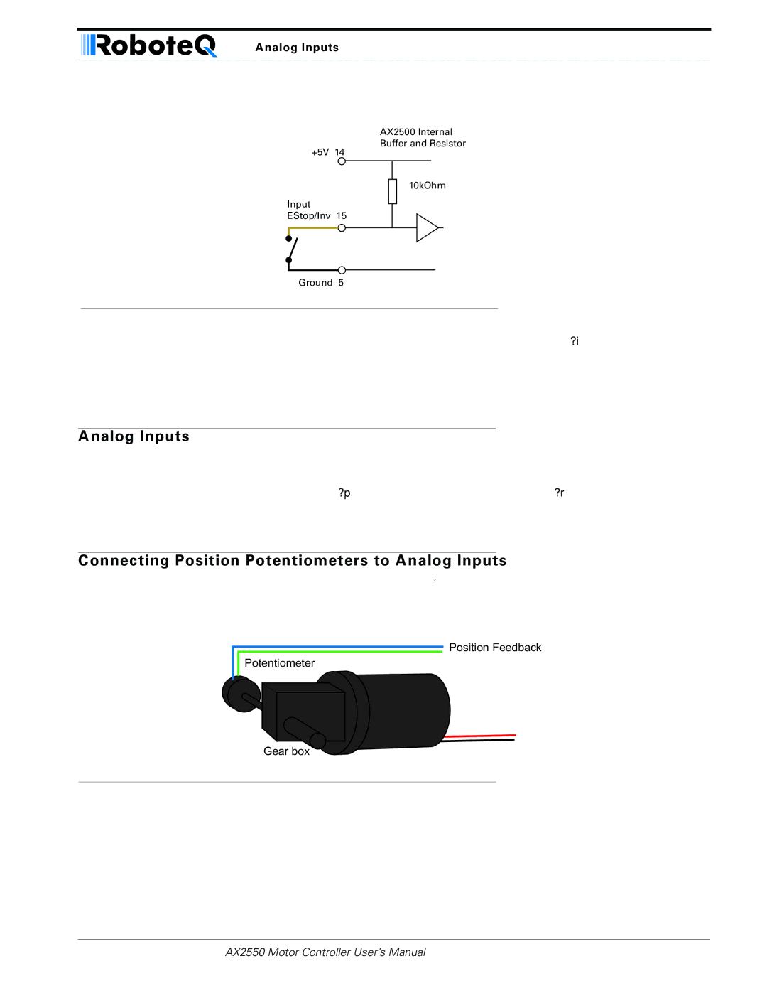 RoboteQ AX2850 user manual Connecting Position Potentiometers to Analog Inputs 