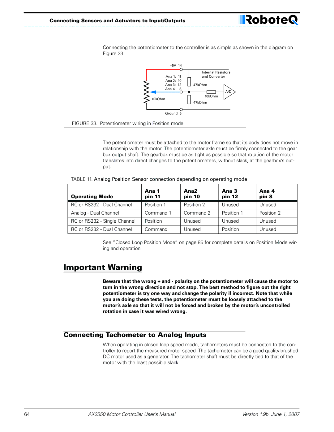 RoboteQ AX2850 user manual Connecting Tachometer to Analog Inputs, Ana Ana2 Operating Mode Pin 