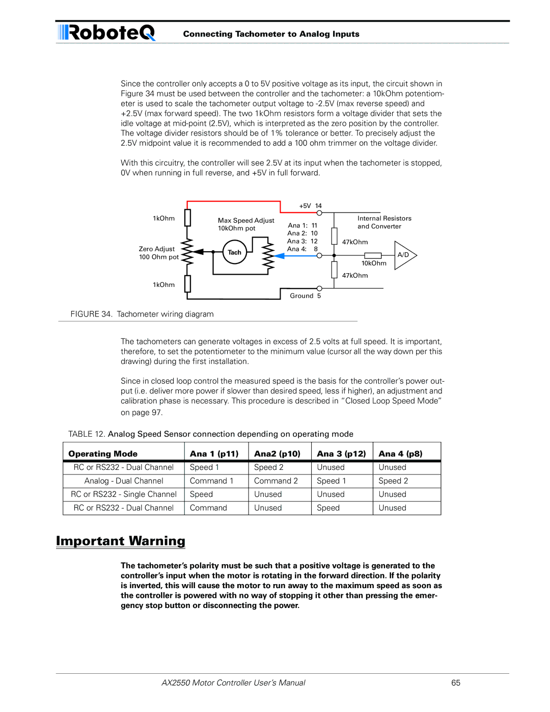 RoboteQ AX2850 user manual Connecting Tachometer to Analog Inputs, Operating Mode Ana 1 p11 Ana2 p10 Ana 3 p12 Ana 4 p8 