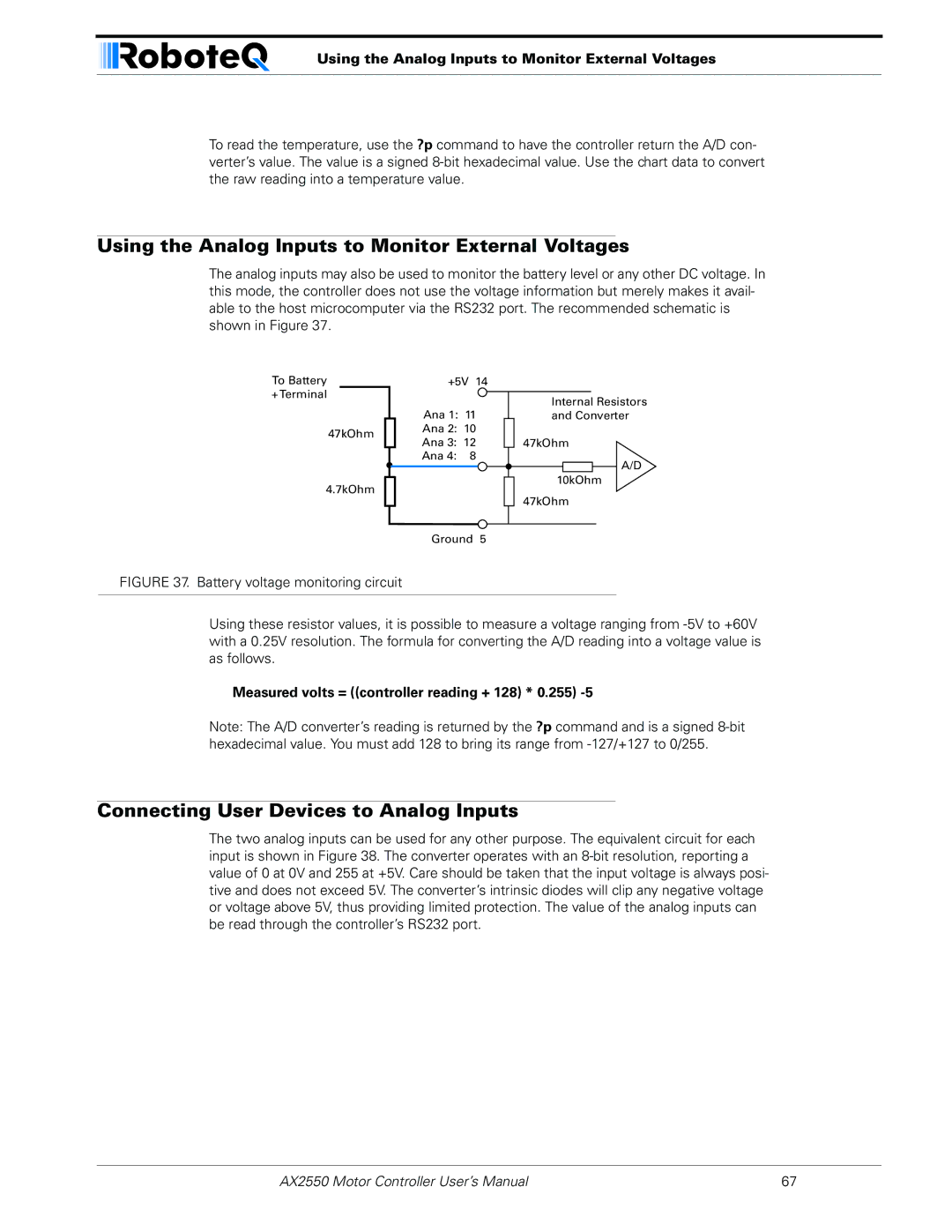 RoboteQ AX2850 user manual Using the Analog Inputs to Monitor External Voltages, Connecting User Devices to Analog Inputs 