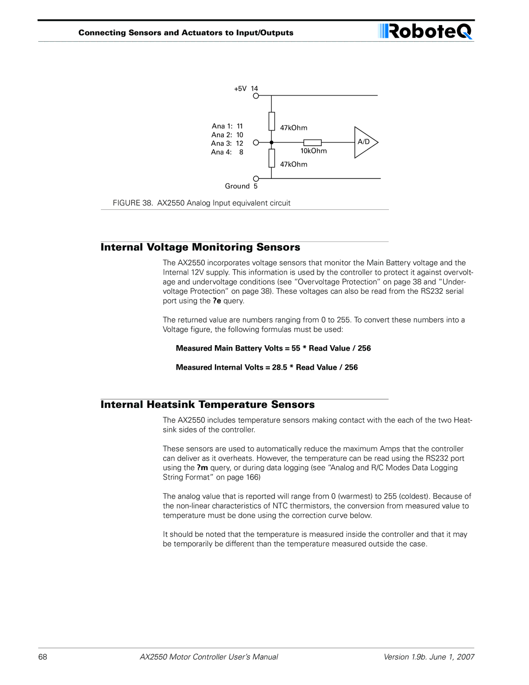 RoboteQ AX2850 user manual Internal Voltage Monitoring Sensors, Internal Heatsink Temperature Sensors 