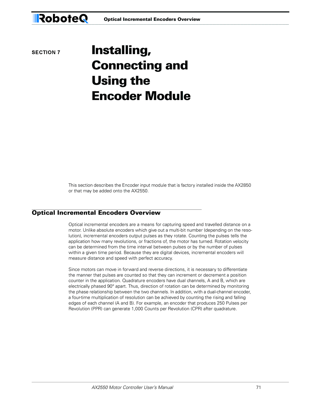 RoboteQ AX2850 user manual Installing Connecting Using Encoder Module, Optical Incremental Encoders Overview 