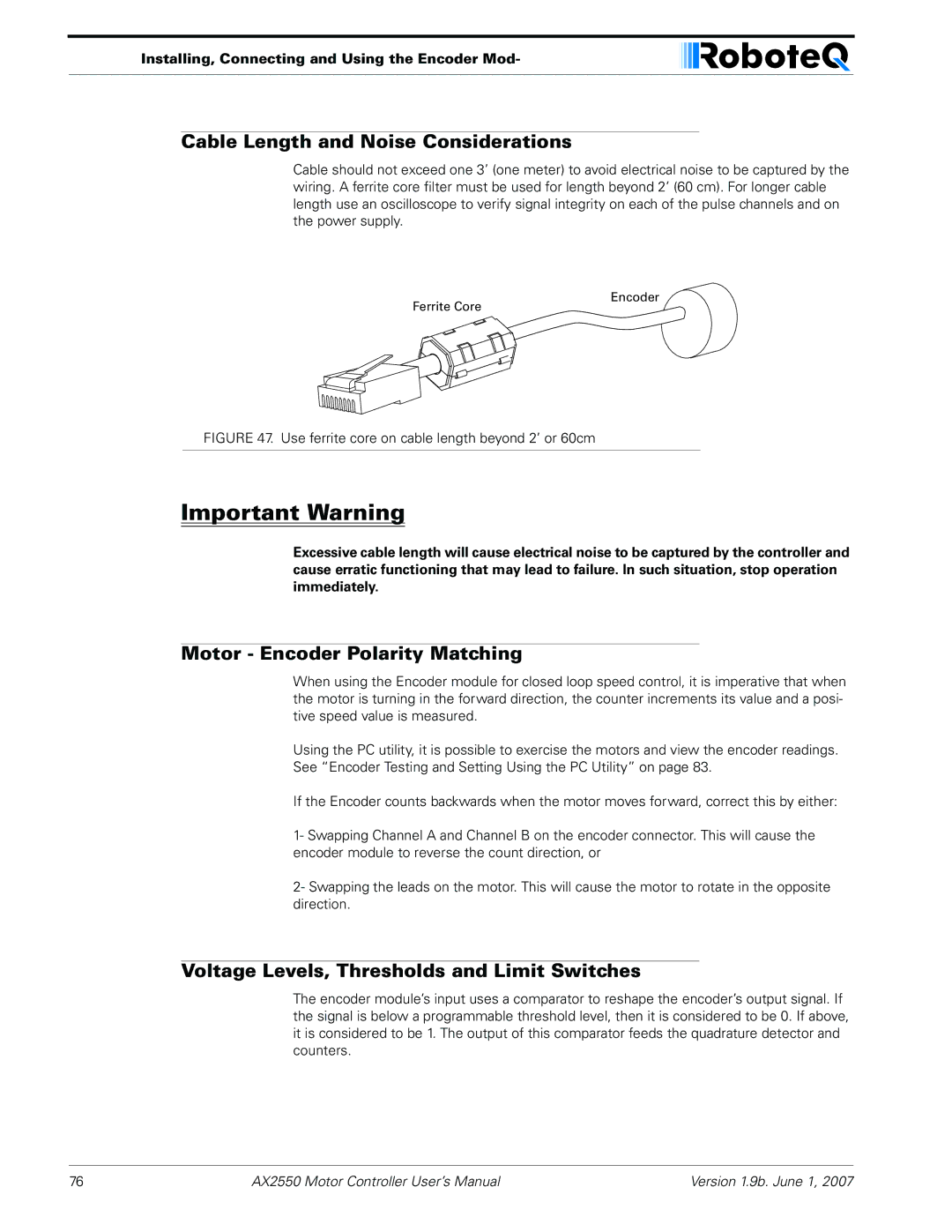 RoboteQ AX2850 user manual Cable Length and Noise Considerations, Motor Encoder Polarity Matching 