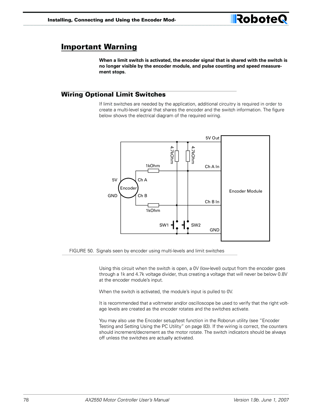 RoboteQ AX2850 user manual Wiring Optional Limit Switches 