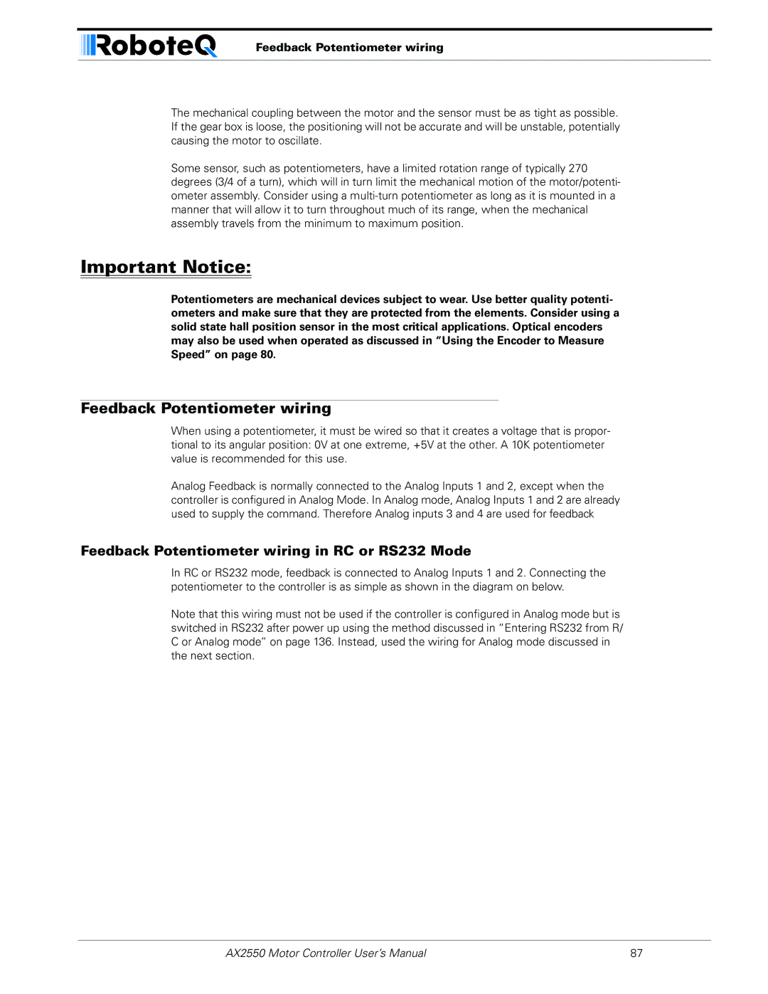 RoboteQ AX2850 user manual Feedback Potentiometer wiring in RC or RS232 Mode 