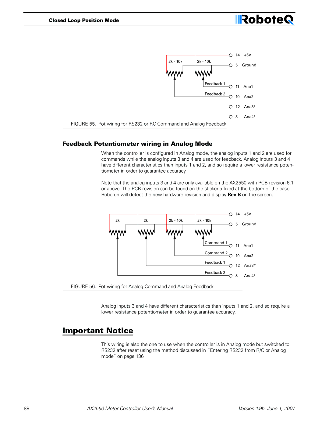 RoboteQ AX2850 Feedback Potentiometer wiring in Analog Mode, Pot wiring for RS232 or RC Command and Analog Feedback 