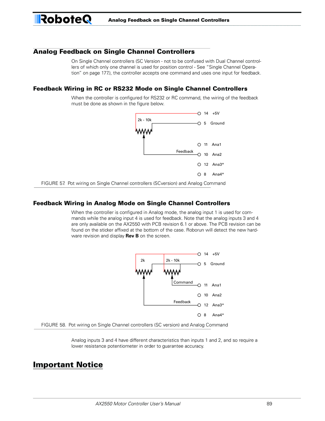 RoboteQ AX2850 user manual Analog Feedback on Single Channel Controllers 