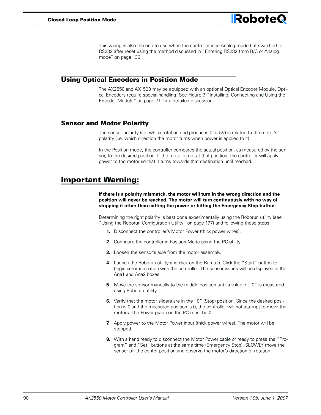 RoboteQ AX2850 user manual Using Optical Encoders in Position Mode, Sensor and Motor Polarity 