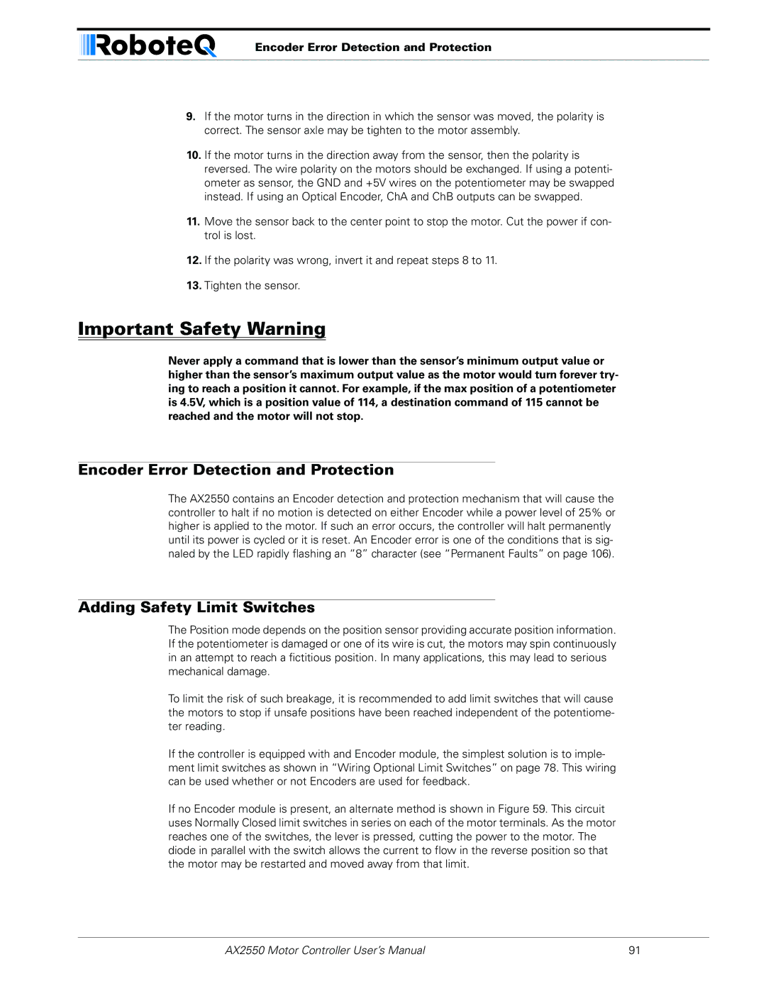 RoboteQ AX2850 user manual Encoder Error Detection and Protection, Adding Safety Limit Switches 