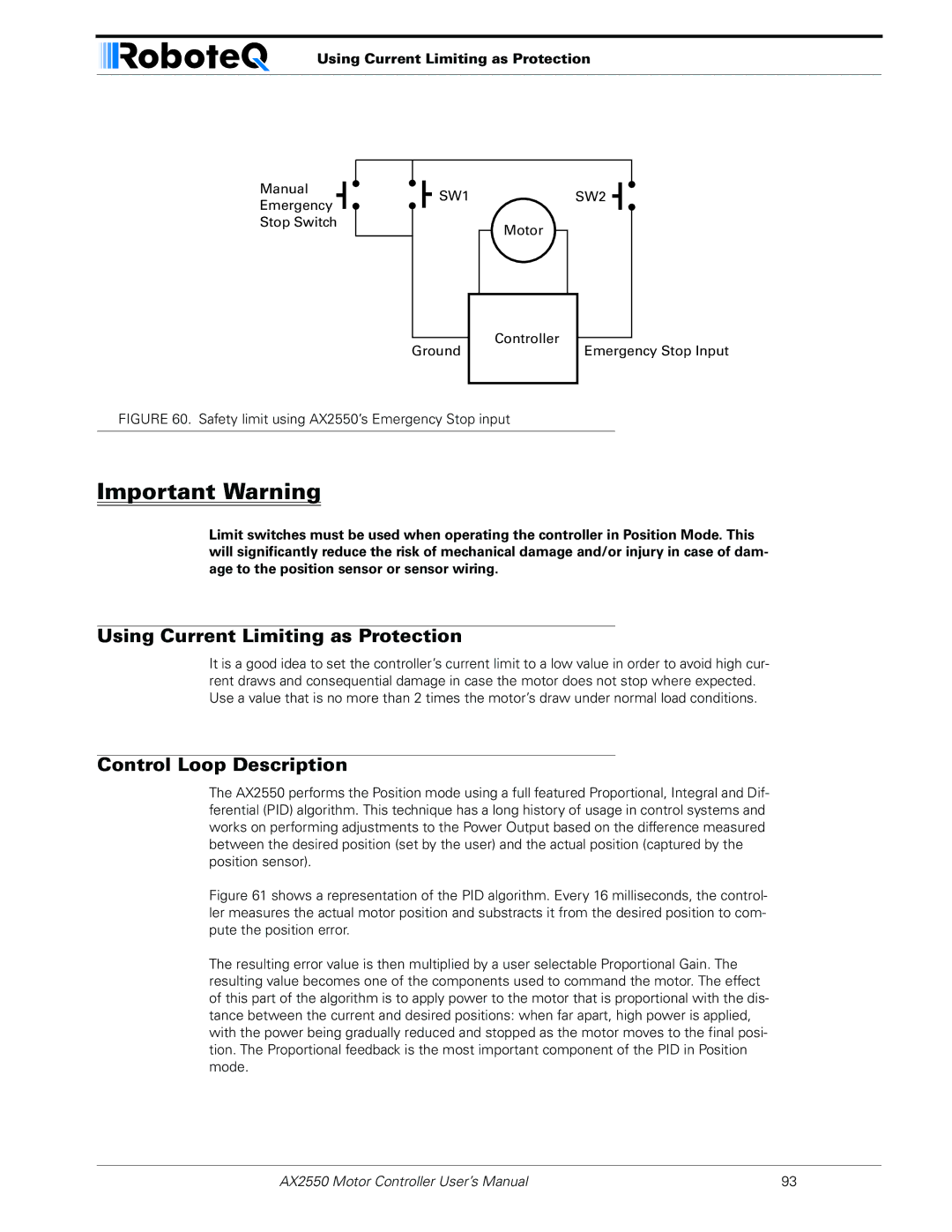 RoboteQ AX2850 user manual Using Current Limiting as Protection, Control Loop Description 