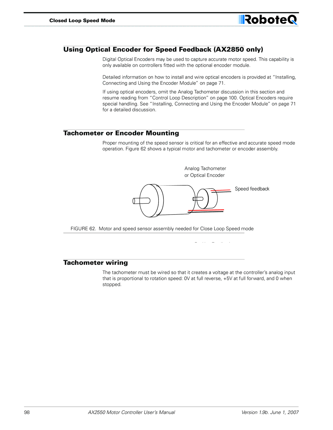 RoboteQ Using Optical Encoder for Speed Feedback AX2850 only, Tachometer or Encoder Mounting, Tachometer wiring 