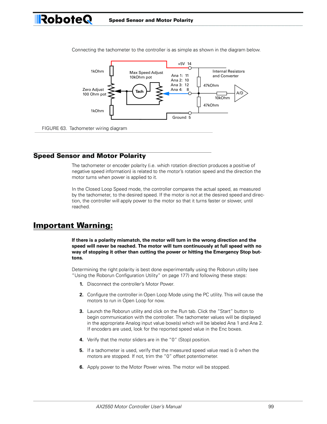 RoboteQ AX2850 user manual Speed Sensor and Motor Polarity 