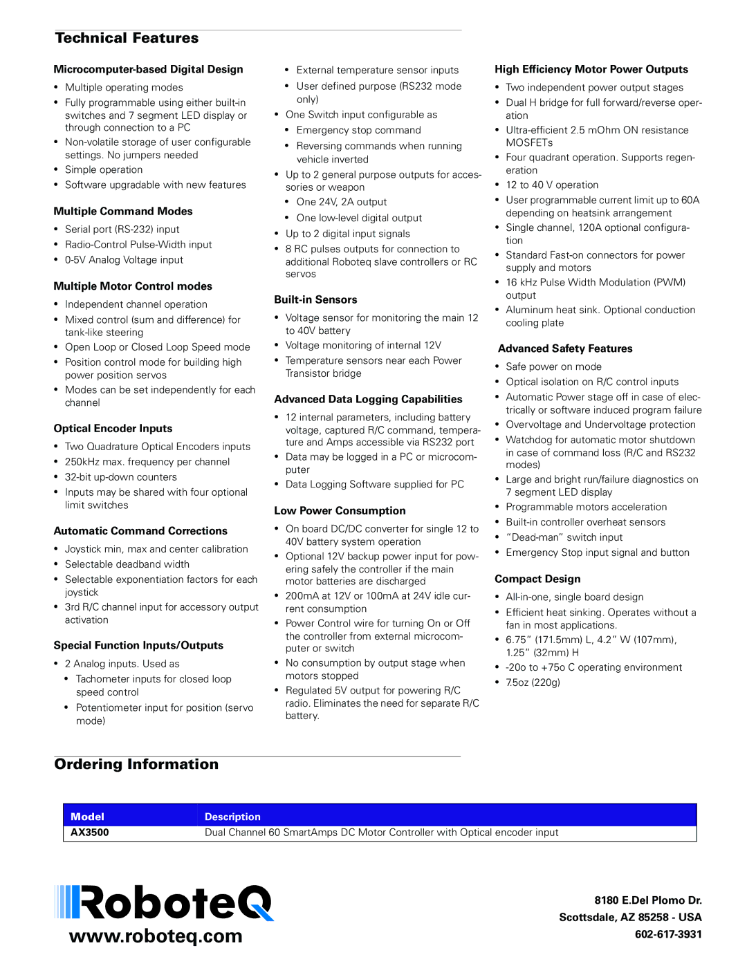 RoboteQ AX3500 manual Technical Features, Ordering Information 