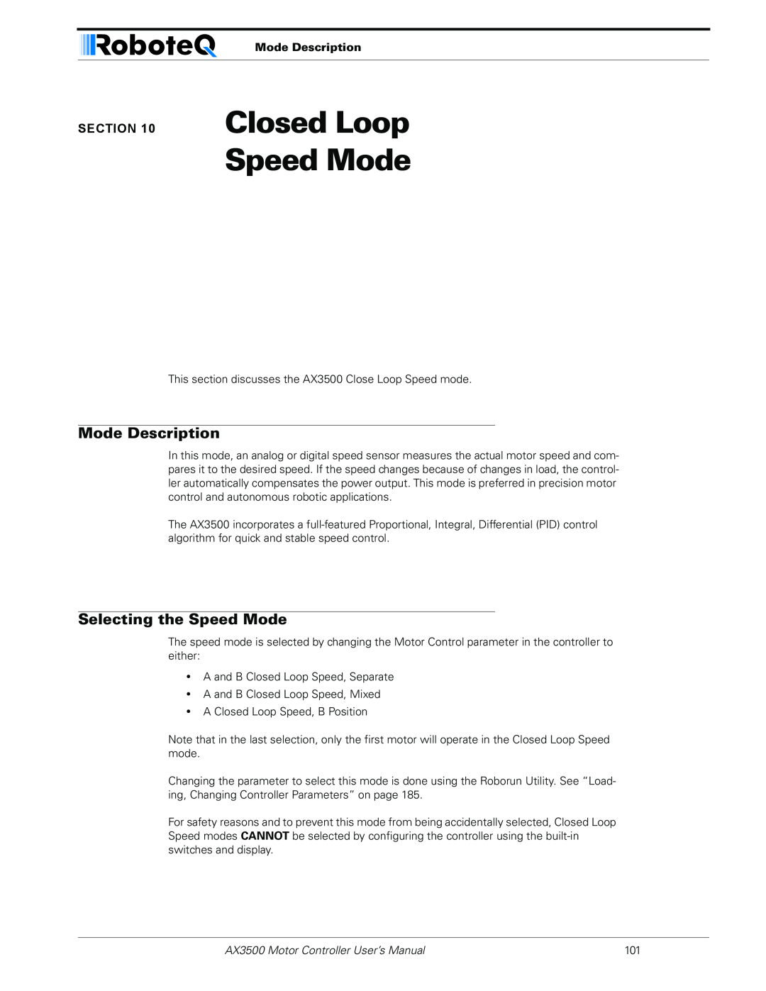 RoboteQ Closed Loop Speed Mode, Selecting the Speed Mode, Mode Description, AX3500 Motor Controller User’s Manual 