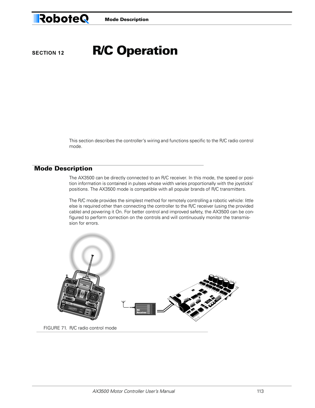 RoboteQ user manual R/C Operation, Mode Description, AX3500 Motor Controller User’s Manual 