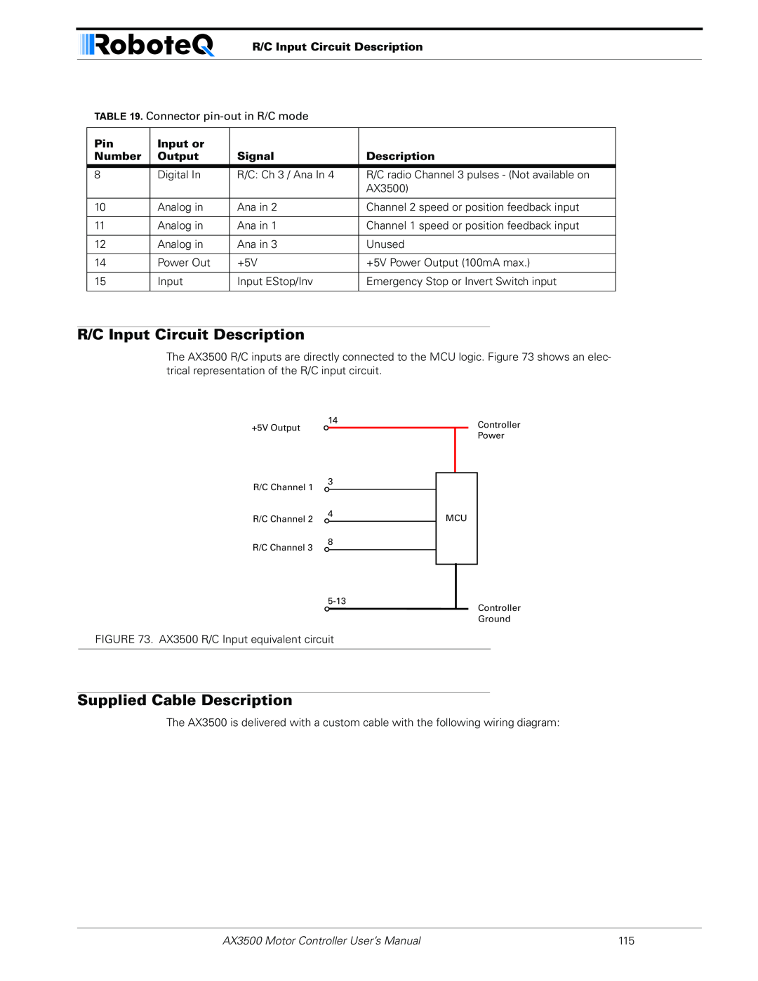 RoboteQ AX3500 user manual R/C Input Circuit Description, Supplied Cable Description, Input or, Number, Output, Signal 
