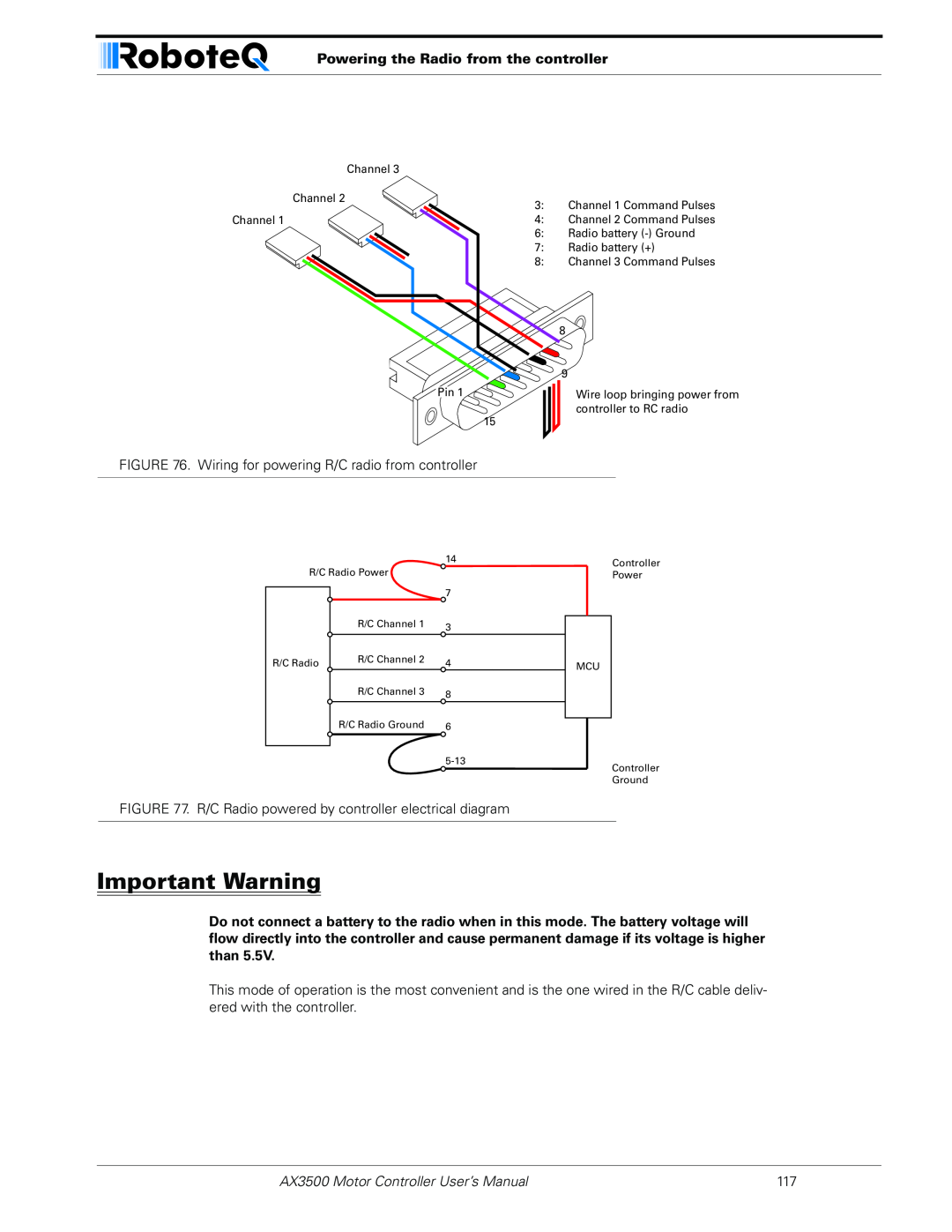 RoboteQ user manual Important Warning, Powering the Radio from the controller, AX3500 Motor Controller User’s Manual 