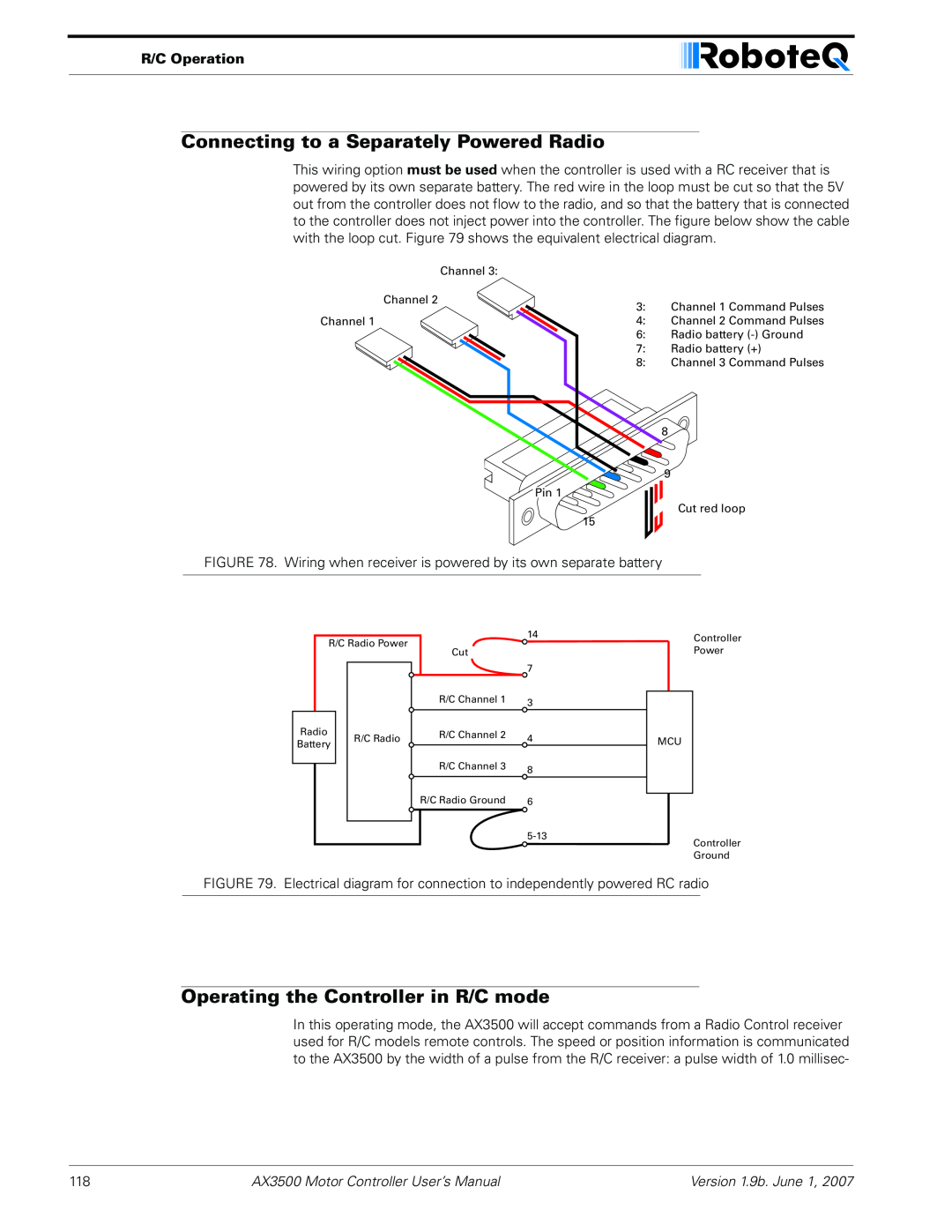 RoboteQ AX3500 user manual Connecting to a Separately Powered Radio, Operating the Controller in R/C mode, R/C Operation 