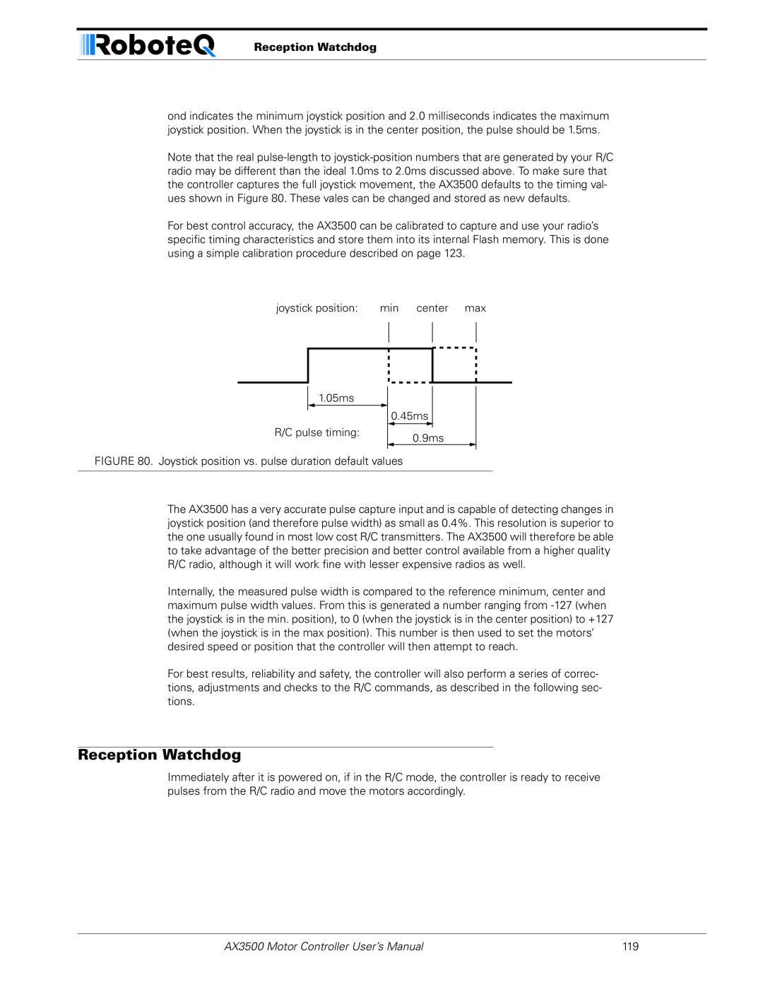 RoboteQ user manual Reception Watchdog, AX3500 Motor Controller User’s Manual 