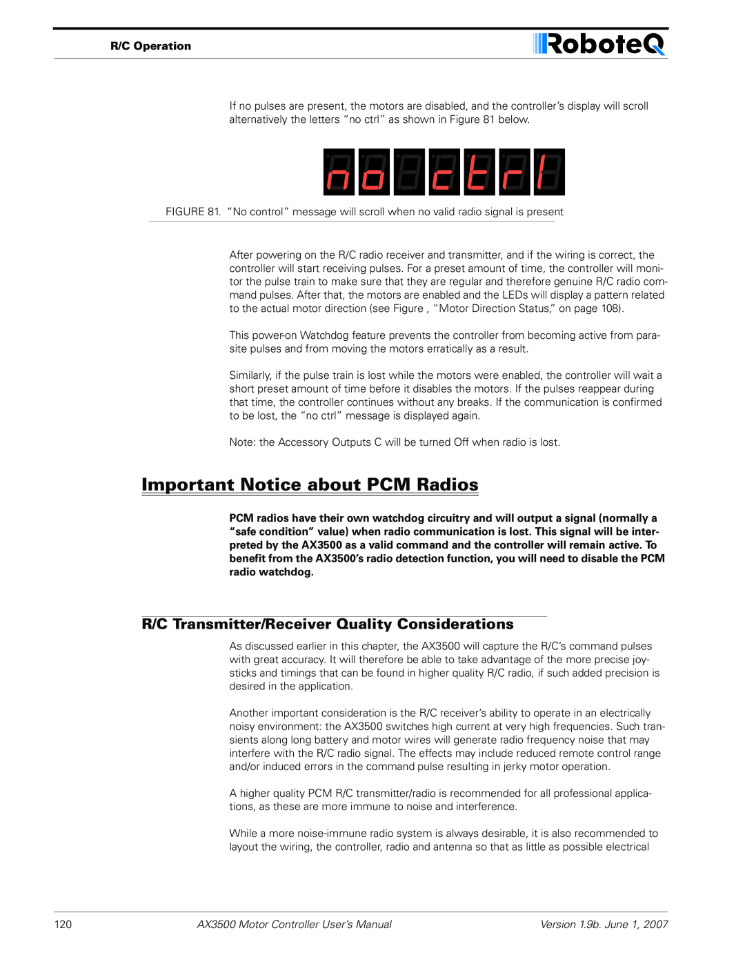 RoboteQ AX3500 Important Notice about PCM Radios, R/C Transmitter/Receiver Quality Considerations, R/C Operation 
