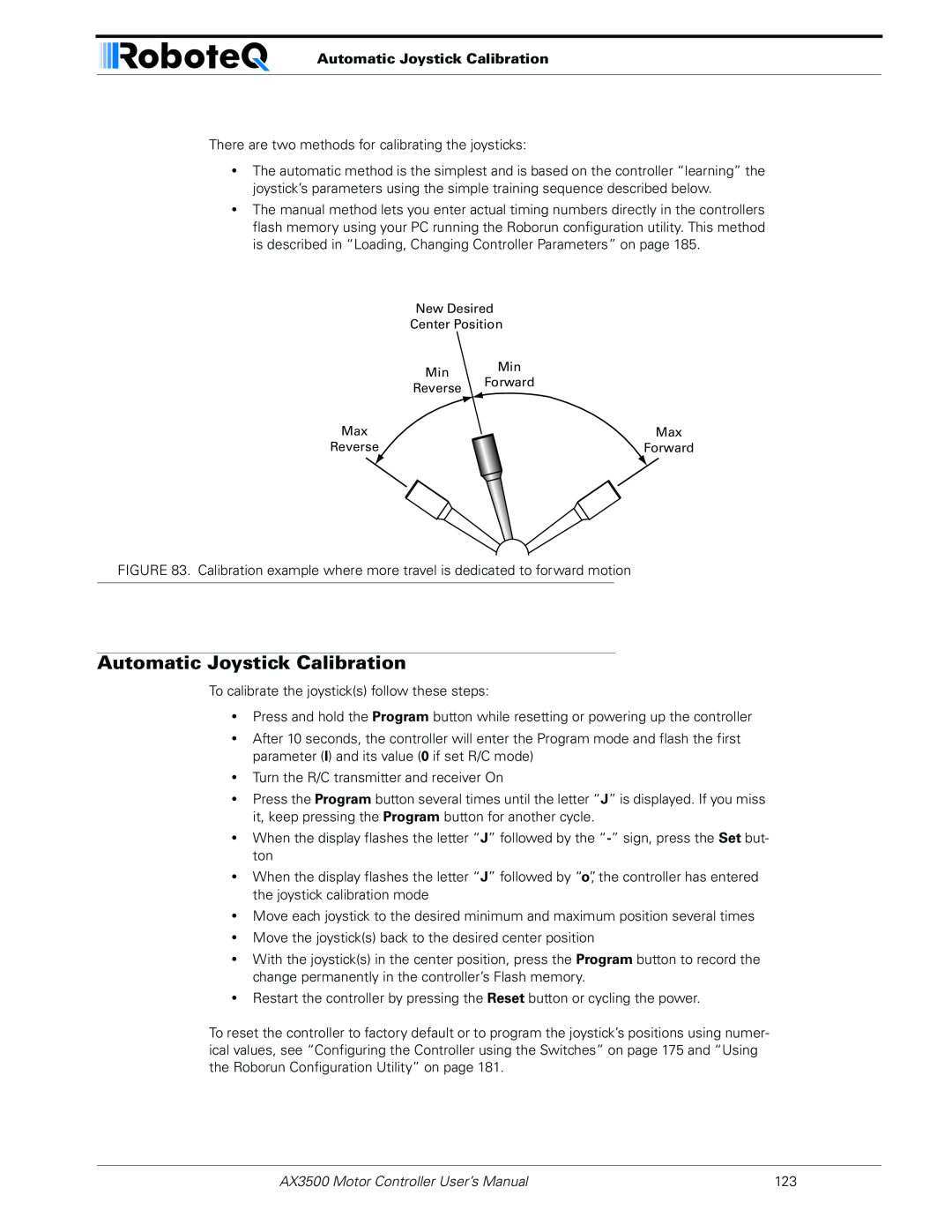 RoboteQ user manual Automatic Joystick Calibration, AX3500 Motor Controller User’s Manual 