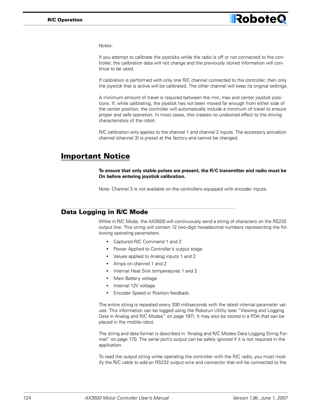 RoboteQ AX3500 Data Logging in R/C Mode, Important Notice, R/C Operation, On before entering joystick calibration 