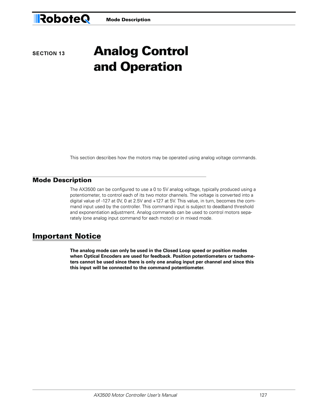 RoboteQ Analog Control and Operation, Important Notice, Mode Description, AX3500 Motor Controller User’s Manual 