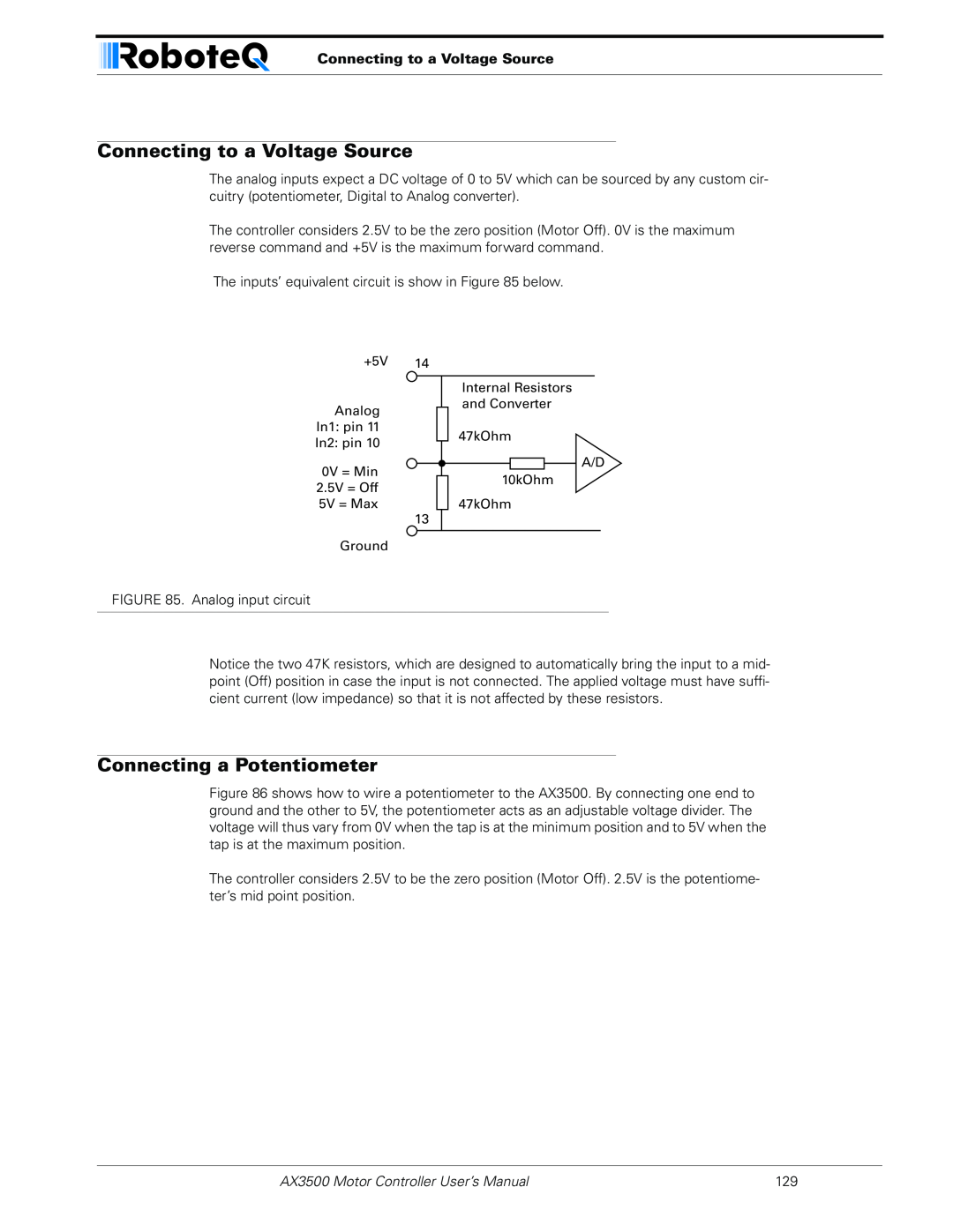 RoboteQ user manual Connecting to a Voltage Source, Connecting a Potentiometer, AX3500 Motor Controller User’s Manual 