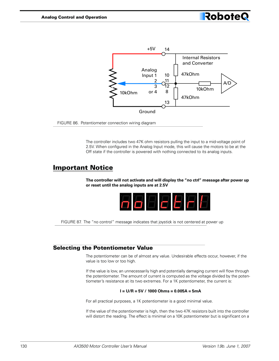 RoboteQ AX3500 user manual Selecting the Potentiometer Value, Important Notice 