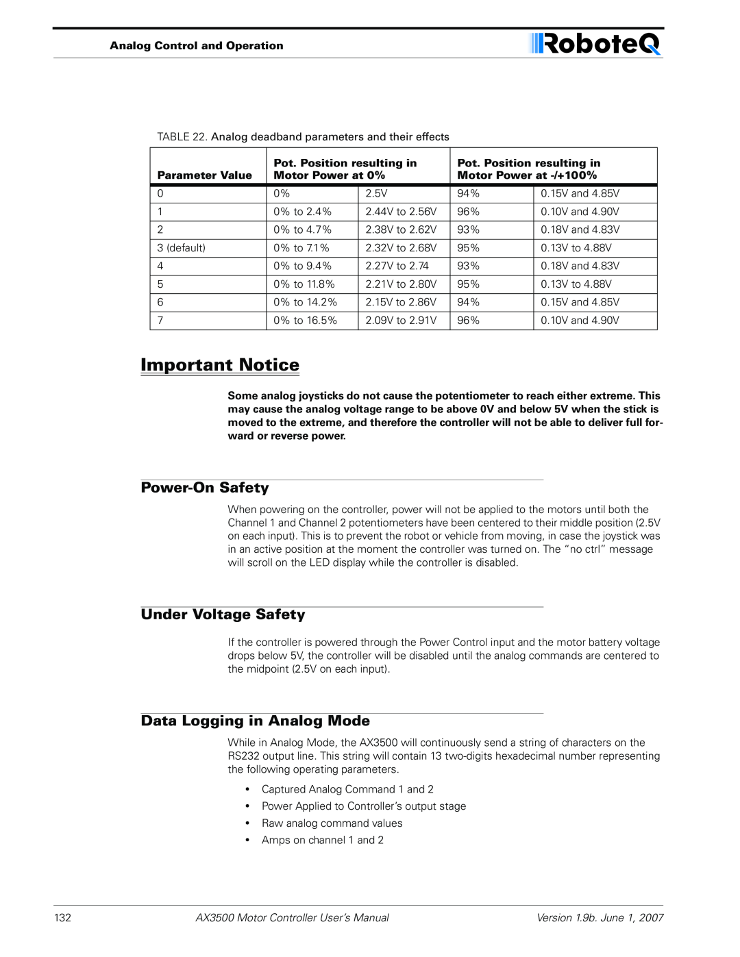 RoboteQ AX3500 Power-On Safety, Under Voltage Safety, Data Logging in Analog Mode, Important Notice, Parameter Value 