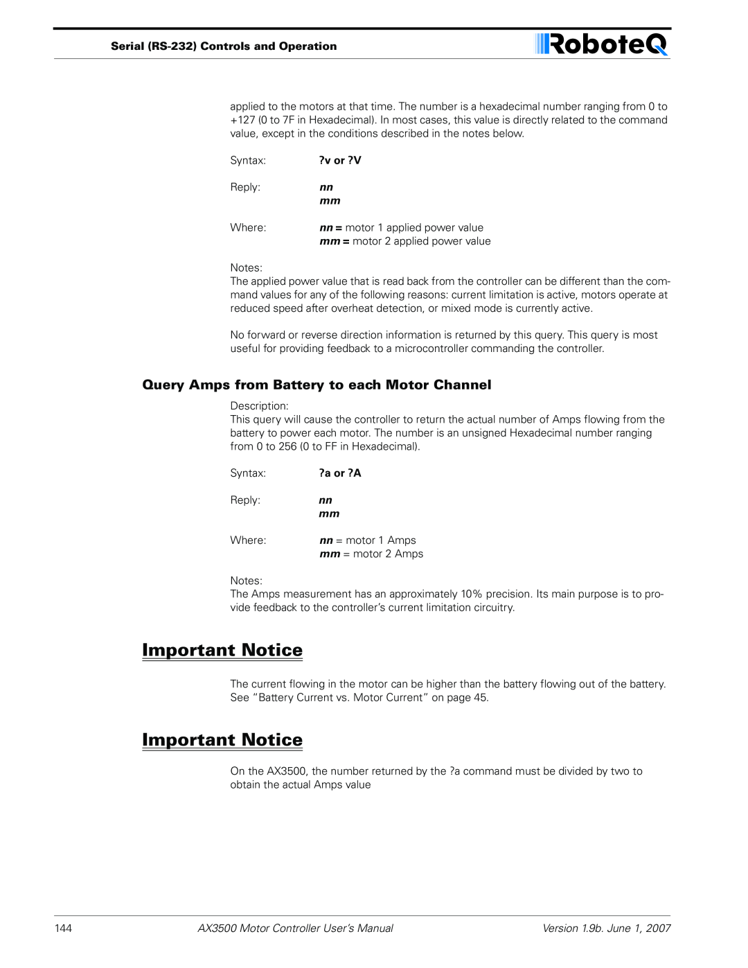 RoboteQ AX3500 Query Amps from Battery to each Motor Channel, Important Notice, Serial RS-232 Controls and Operation 
