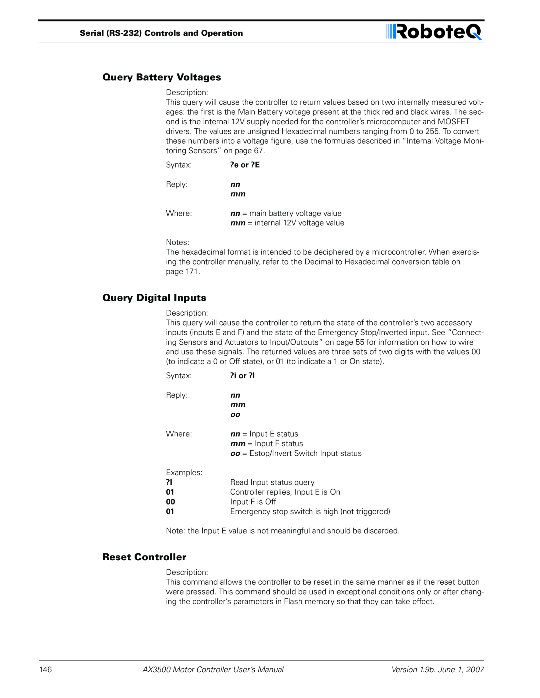 RoboteQ AX3500 Query Battery Voltages, Query Digital Inputs, Reset Controller, Serial RS-232 Controls and Operation 