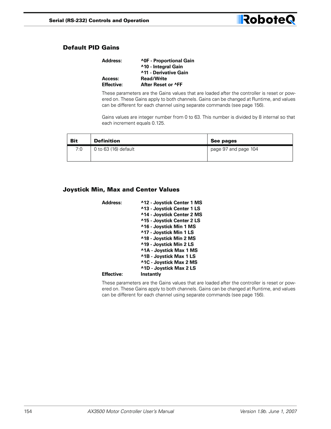 RoboteQ AX3500 Default PID Gains, Joystick Min, Max and Center Values, Serial RS-232 Controls and Operation, Address 