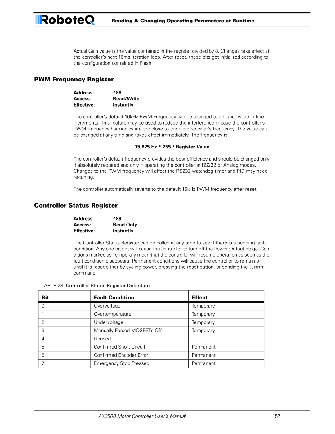 RoboteQ AX3500 PWM Frequency Register, Controller Status Register, Reading & Changing Operating Parameters at Runtime 