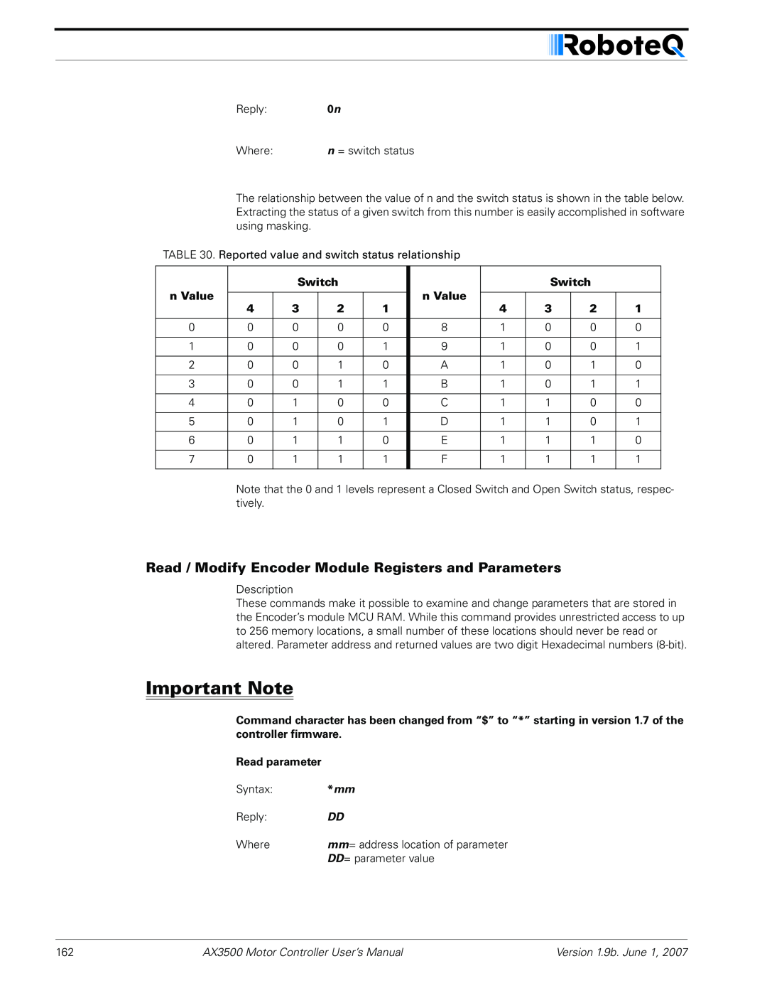 RoboteQ AX3500 Important Note, Read / Modify Encoder Module Registers and Parameters, Switch, n Value, Read parameter 