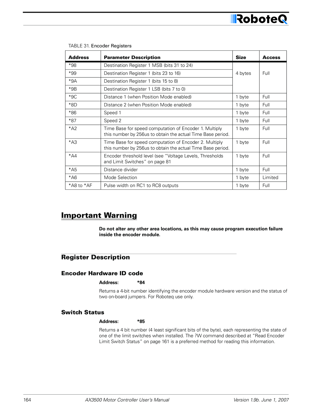 RoboteQ AX3500 Register Description, Encoder Hardware ID code, Switch Status, Important Warning, Address, Size, Access 