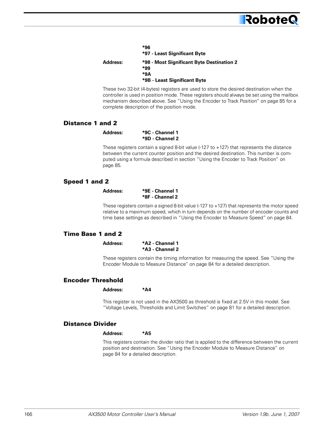 RoboteQ AX3500 Distance 1 and, Speed 1 and, Time Base 1 and, Encoder Threshold, Distance Divider, Least Significant Byte 