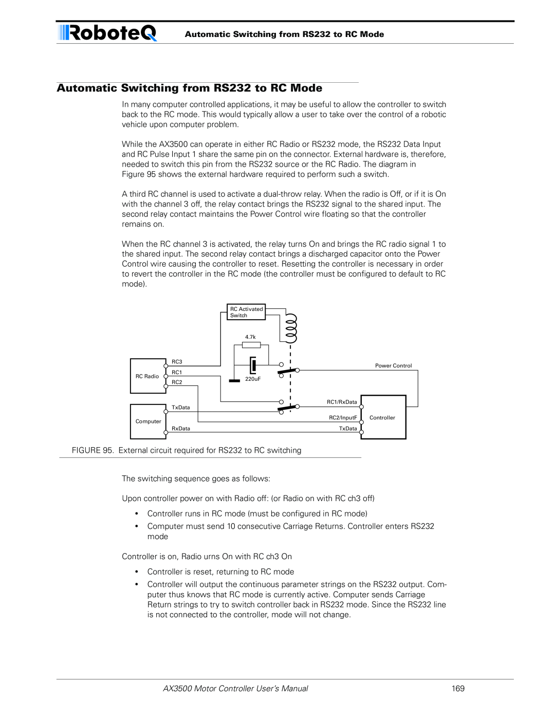 RoboteQ user manual Automatic Switching from RS232 to RC Mode, AX3500 Motor Controller User’s Manual 