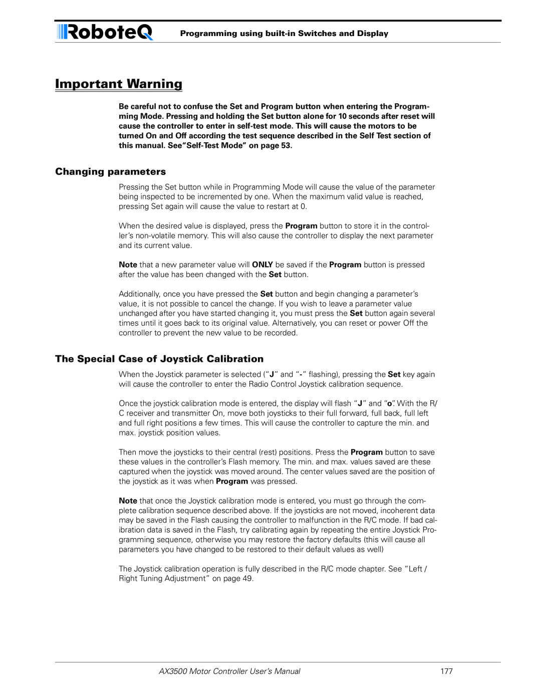 RoboteQ AX3500 user manual Changing parameters, The Special Case of Joystick Calibration, Important Warning 