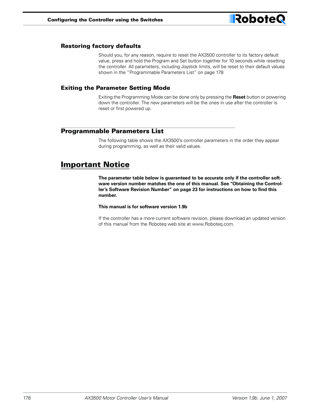 RoboteQ AX3500 user manual Programmable Parameters List, Restoring factory defaults, Exiting the Parameter Setting Mode 