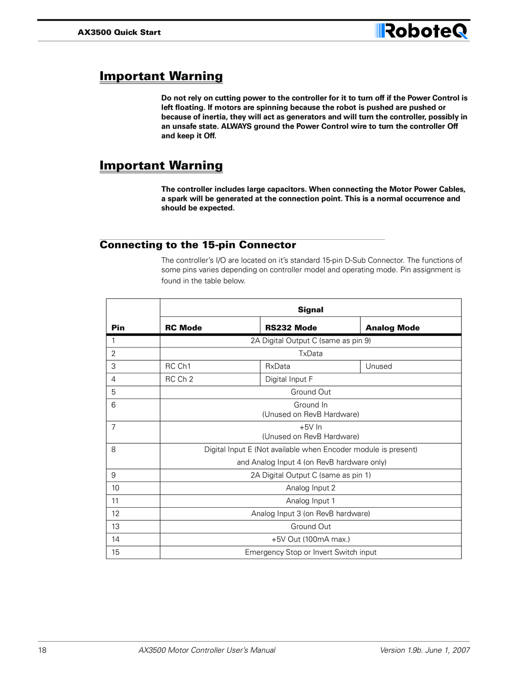 RoboteQ Important Warning, Connecting to the 15-pin Connector, AX3500 Quick Start, Signal, RC Mode, RS232 Mode 