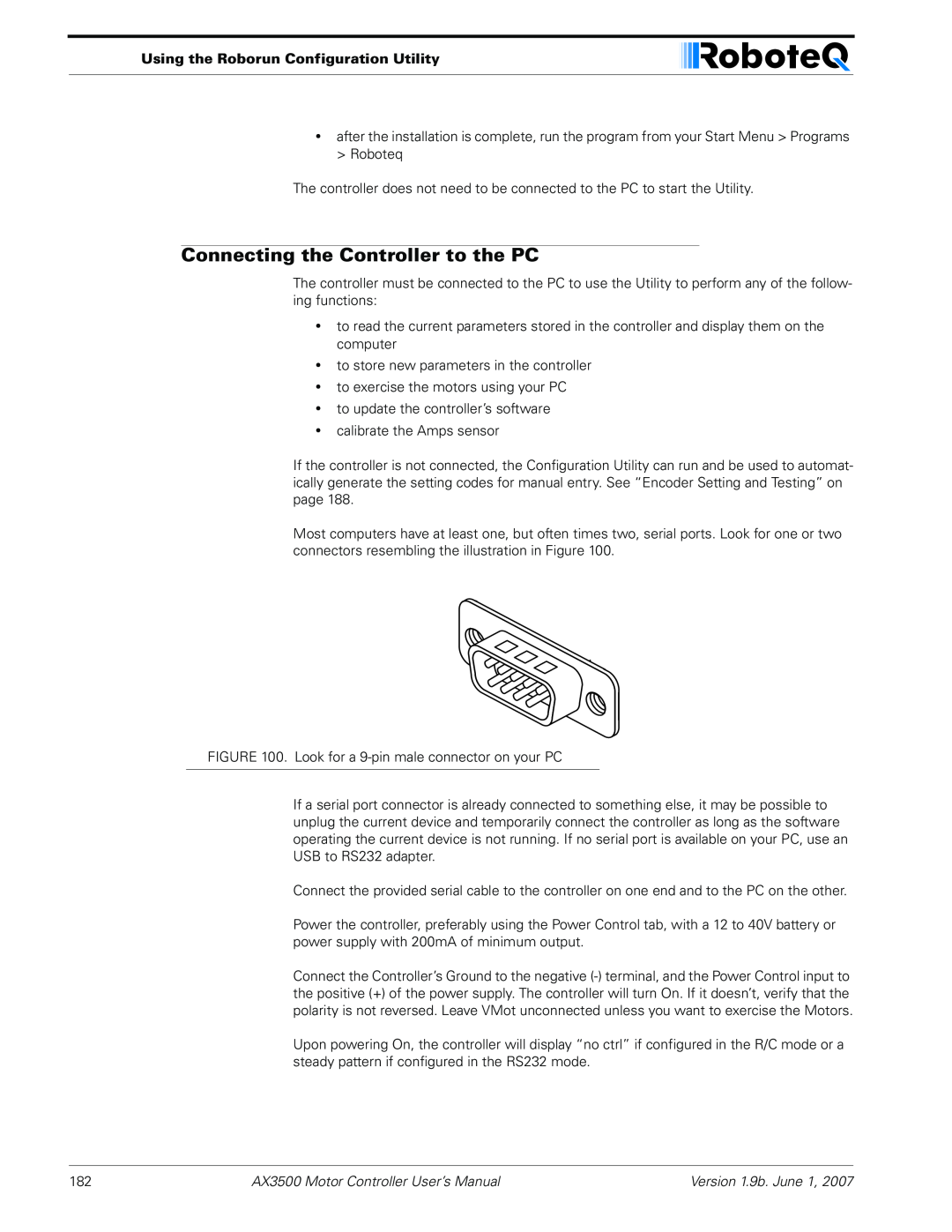 RoboteQ AX3500 user manual Connecting the Controller to the PC, Using the Roborun Configuration Utility 