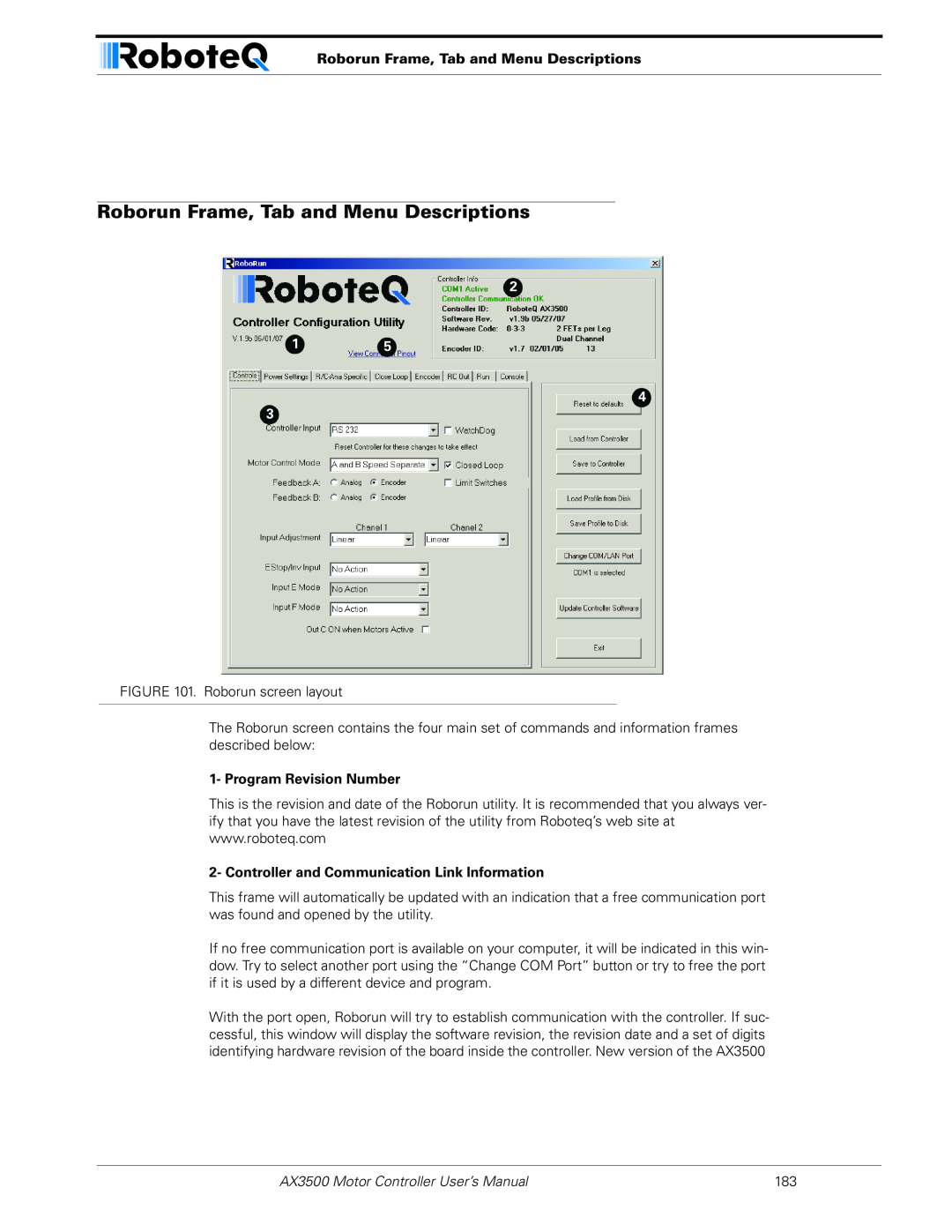 RoboteQ Roborun Frame, Tab and Menu Descriptions, Program Revision Number, AX3500 Motor Controller User’s Manual 